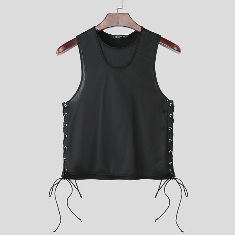 Men Tank Tops Solid Color Lace Up O-neck Sleeveless Sexy Male Vests Summer Streetwear Hollow Out Fashion Crop Tops voguable