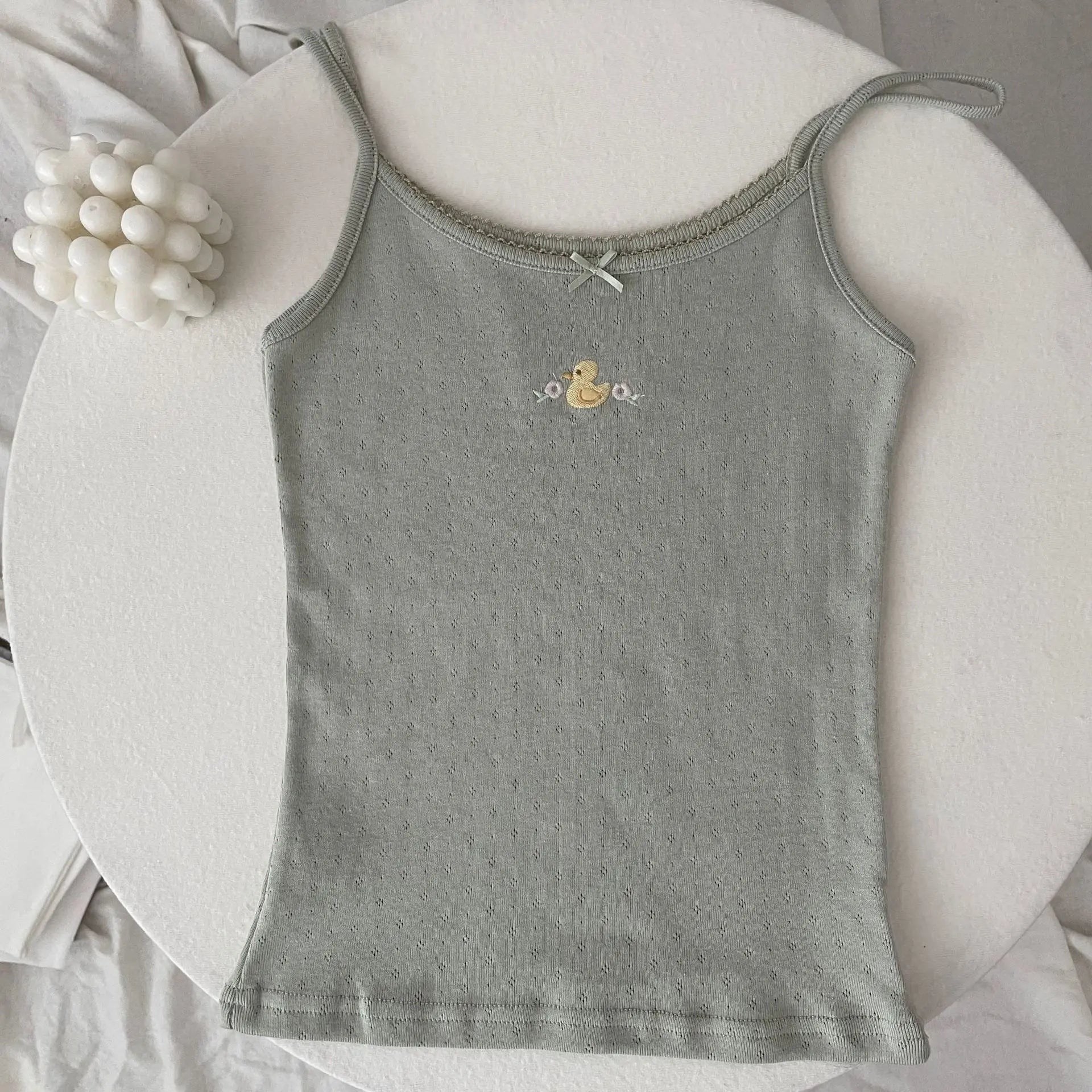Floral Eyelet Bow Cotton Crop Tops Summer Lace Trim Sleeveless Slim Tank Top Women Preppy Style Sweet Camisole Y2k Clothes voguable