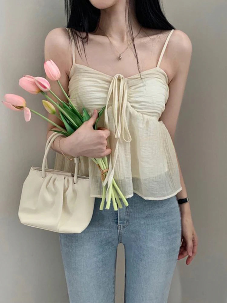 Voguable  Korean Style Sweet Fluffy Camis A-line Lace-up Double Layers Crop Top Y2K Aesthetic Tank Tops Holiday Cute Vest Women voguable