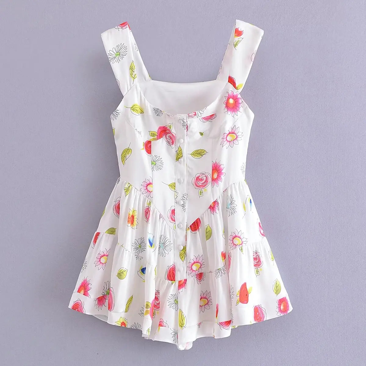 Voguable  Summer U Collar White Print Flower Sleeveless Bodysuits Women Ruched Ruffles Hem Skirt-shorts Jumpsuit Tank Romper Overalls voguable