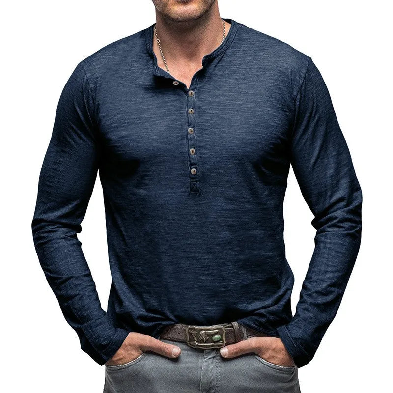 Spring Autumn Fashion Round Neck Long Sleeve Solid T-Shirts Men's Clothing Button Bottoming Shirt Korean Casual All-match Tops voguable