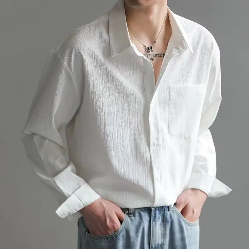 Elegant Fashion Harajuku Slim Fit Male Clothes Loose Casual All Match Outerwear Lapel Collar Solid Button Long Sleeve Jacket voguable