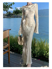 Voguable  Women Beige Elegant Long Sleeve Slim Bandage Dress Backless Autumn French Evening Party Wrapped Hip Dresses Vintage Fashion voguable