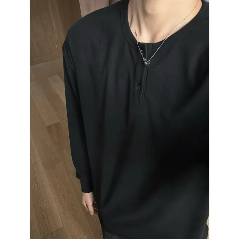 Warm Henry Collar Long Sleeve T shirt For Men Spring Autumn Casual Mens T-shirts Unisex Tee Tops Classic Clothes Men's T-Shirts