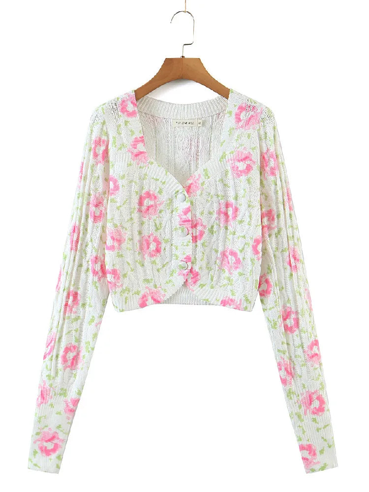 Autumn Retro Tie-dye Flower Print Cropped Cardigan Woman V neck Puff Long Sleeve Knitted Sweater Knitwear Jumper voguable