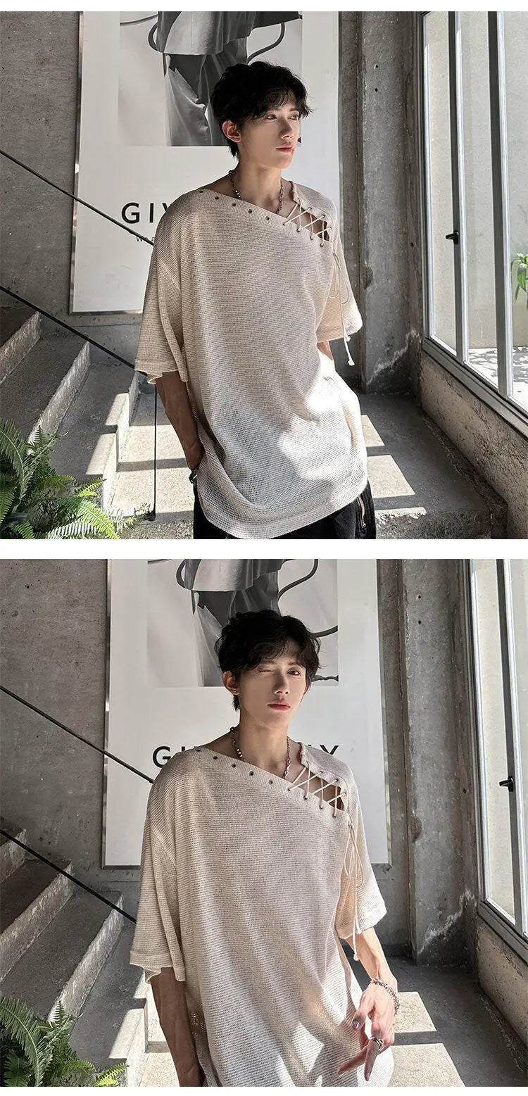 Korean Style Men's T-shirts Short Sleeve Casual Lace-up Design Solid Color Tees Hollow Out Loose Male Tops Summer 9W3719 voguable