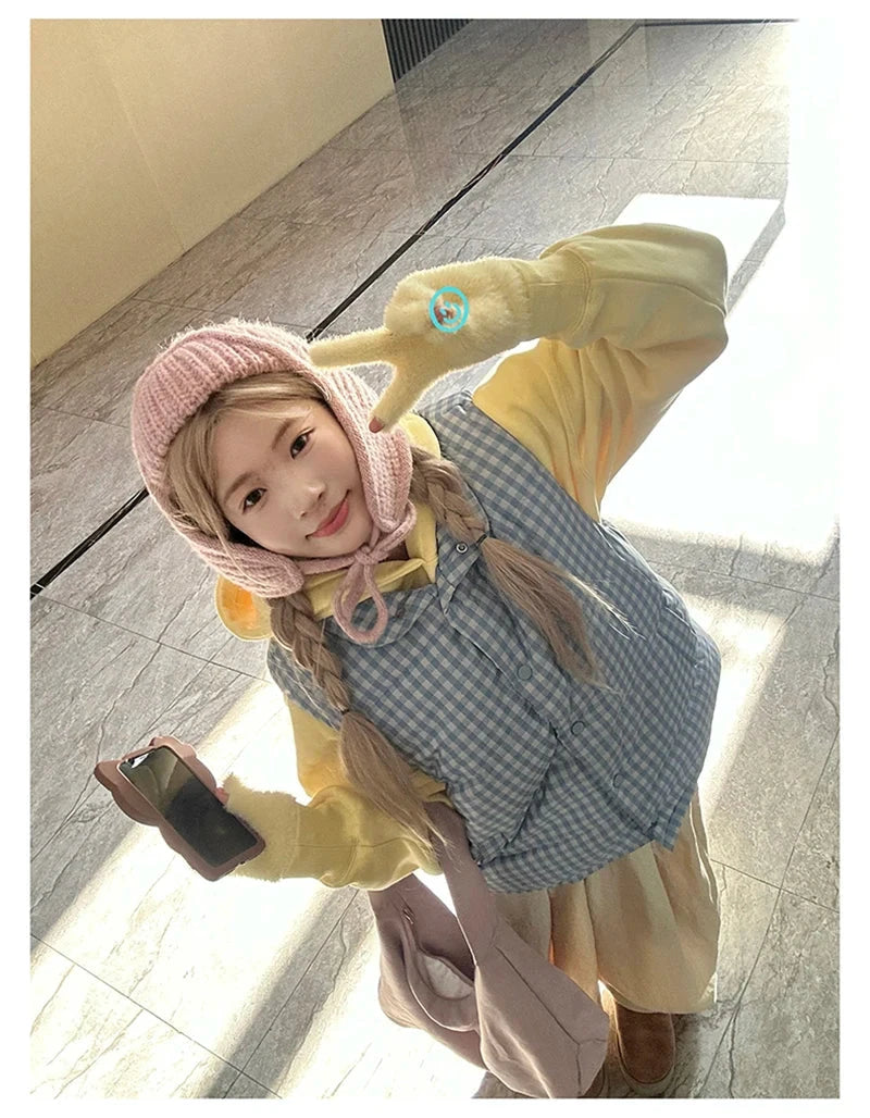 Cute Blue Plaid Puffy Vest Women Loose Vintage Sleeveless Warm Thick Winter Sweet Vest Coat Korean Preppy Style Outwear Top voguable