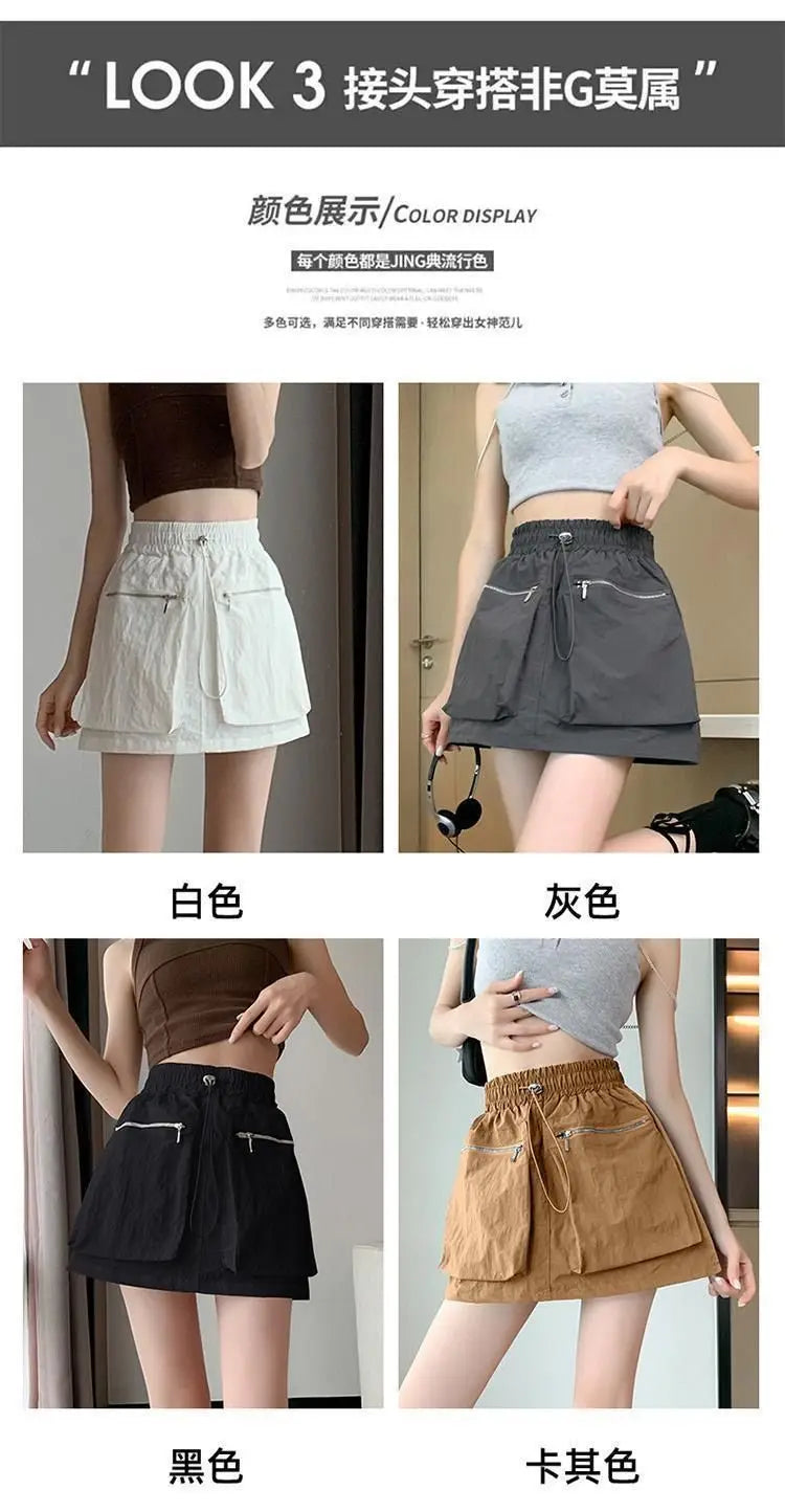 High Waist Drawstring Summer Women Short A Line Skirt Vintage Casual Cargo Big Zipper Pocket Skirt with Safety Shorts Hip Skirts voguable