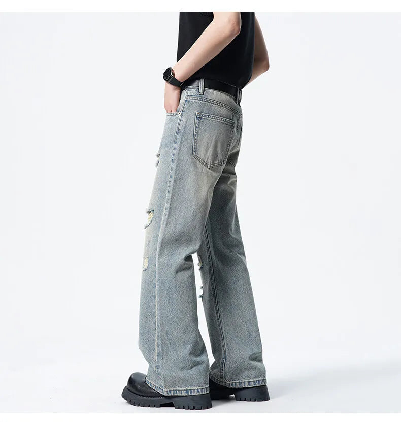 Men Straight Leg Vintage Blue Washed Denim Jeans Casual Ripped Distressed Trousers Classic Retro Style Comfortable Streetwear voguable