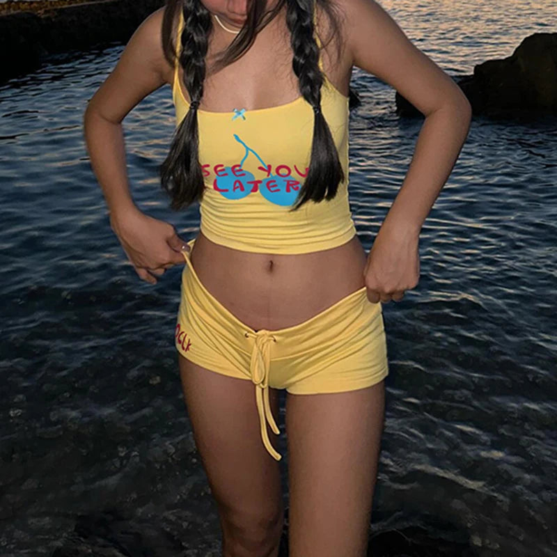 Voguable Y2K Cherry Letter Print Crop Top and Shorts Two Piece Set Women's Summer Casual Cami Hot Pants Suit Holiday Fitness voguable