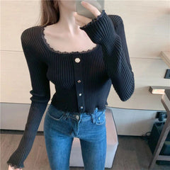 Square Neck Sweater for Women Autumn Lace Patchwork Long Sleeve Knit Base Pullover Korean Chic Button Decoration Slim Crop Tops voguable