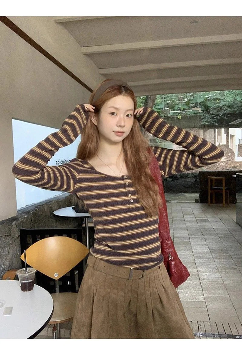 Slim Y2K Striped T Shirt Women Streetwear American Long Sleeve Retro Tees Fall Sexy U Neck Female Harajuku Vintage Tops New voguable