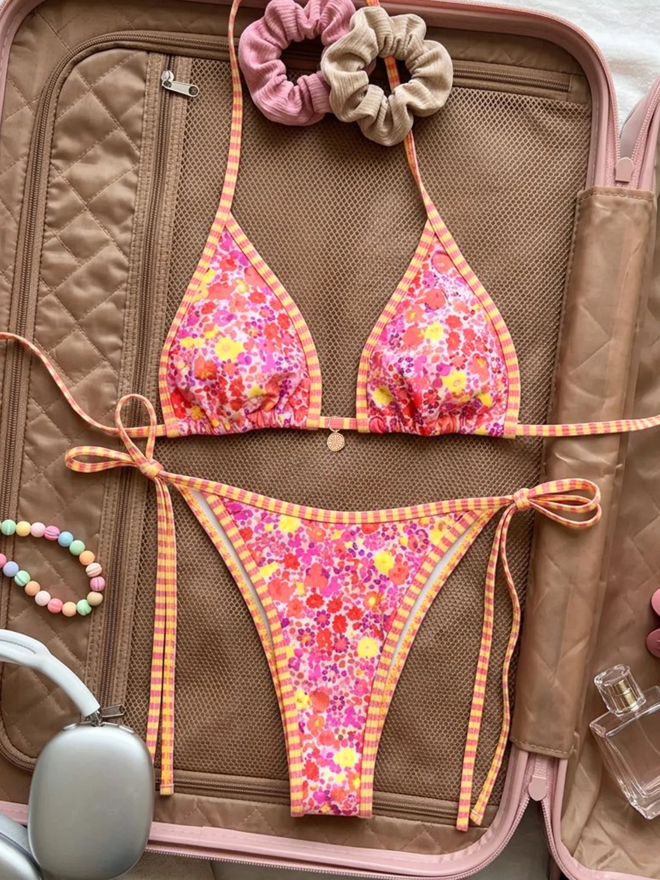 Voguable  Sexy Pink Floral Print Micro Bikini Women Halter Push Up Bra Tie Side Thong Swimwear Beach Bathing Suit Vacation Swimwsuit voguable