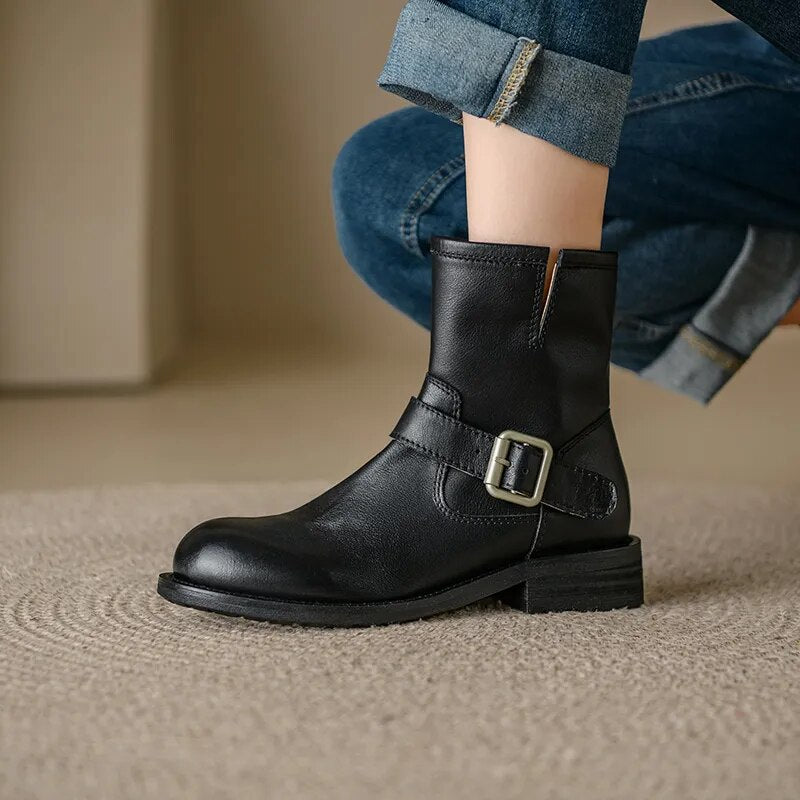 Women Boots Genuine Leather Ankle Boots Autumn Winter Round Toe Side Zipper Office Lady Working Shoes Woman Concise Basic voguable
