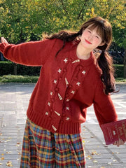 Christmas Red Sweet Cardigan Women Vintage Preppy Style Japan Knitted Sweater Casual Lazy Wind Female Fall Winter Tops New voguable