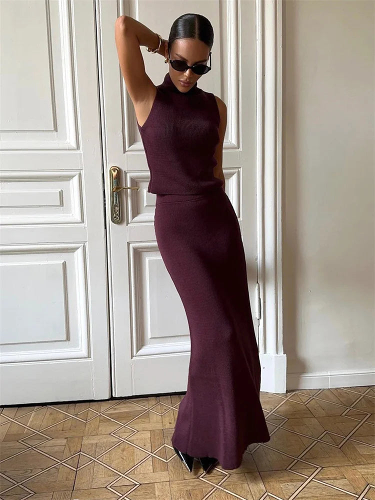 Elegant Knitwear 2 Piece-Set Long Dress Female Ribbed Sweater Pullover And Loose Patchwork Maxi Skirt Sets Ladies Outfits voguable