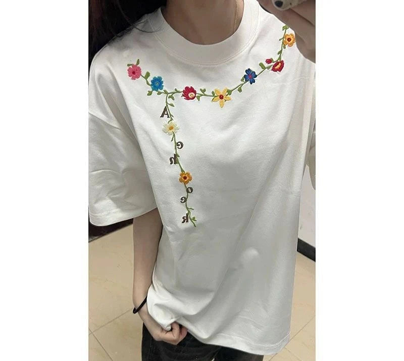 100% Cotton White Embroidered Flowers Short Sleeve for Women Casual Men O-Neck Streetwear Tees oversize Pullover Unisex T-Shirts voguable