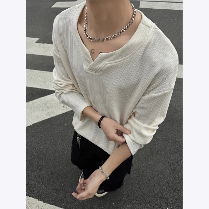 Spring Long Sleeved T-shirt Men Fashion Casual V-neck T Shirt Men Streetwear Korean Loose Pleated T Shirt Mens Top M-3XL voguable