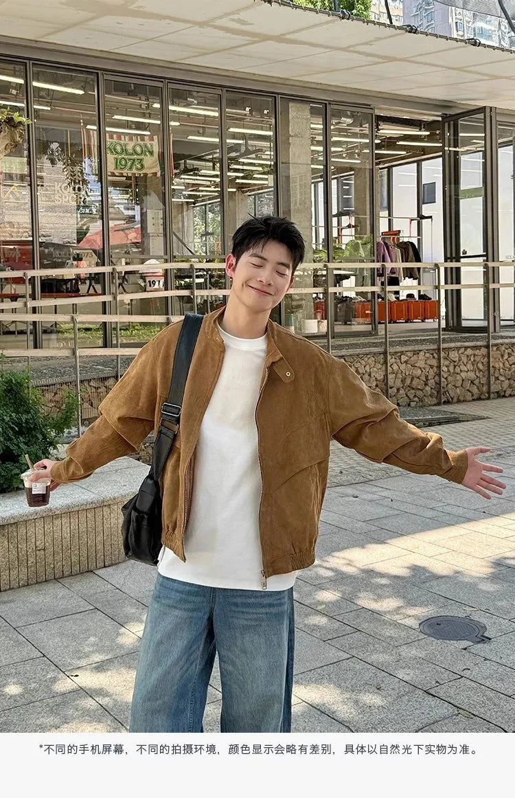 Khaki Cargos Stand Collar Jackets Men's Japanese Retro Streetwear Fashion Solid Color Zipper Long Sleeve Coats Autumn Clothing voguable