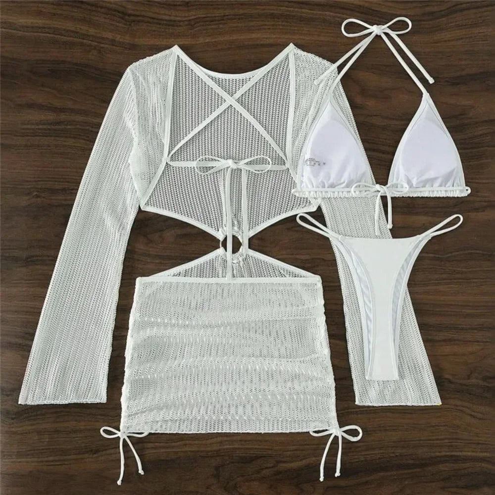 Voguable  White Mesh Backless Dress Cover Up Swimwear 3 Piece Bikini Set String Lace-up Micro Thong Swimsuit Women Halter Triangle Bikinis voguable