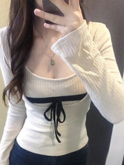 Korean Style Sexy T-Shirts Women Sweet Coquette Two Piece Sets Long Sleeve Tops Fashion Aesthetics Patchwork T-Shirts voguable