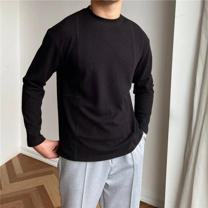 Voguable  Spring Autumn Casual Fashion Solid Loose T-shirt Man Long Sleeve All Match Korean Style Patchwork Pullover Tops Tee Male Clothes voguable