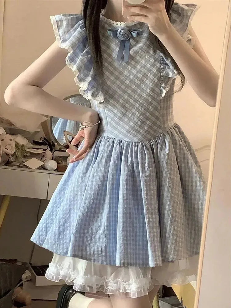 Cute Sweet Blue Plaid Dress Women Elegant 3D Floral Flying Sleeve Mini Dress Japan Vintage Slim Kawaii Lace Patchwork Dress voguable