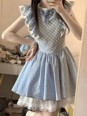 Cute Sweet Blue Plaid Dress Women Elegant 3D Floral Flying Sleeve Mini Dress Japan Vintage Slim Kawaii Lace Patchwork Dress voguable