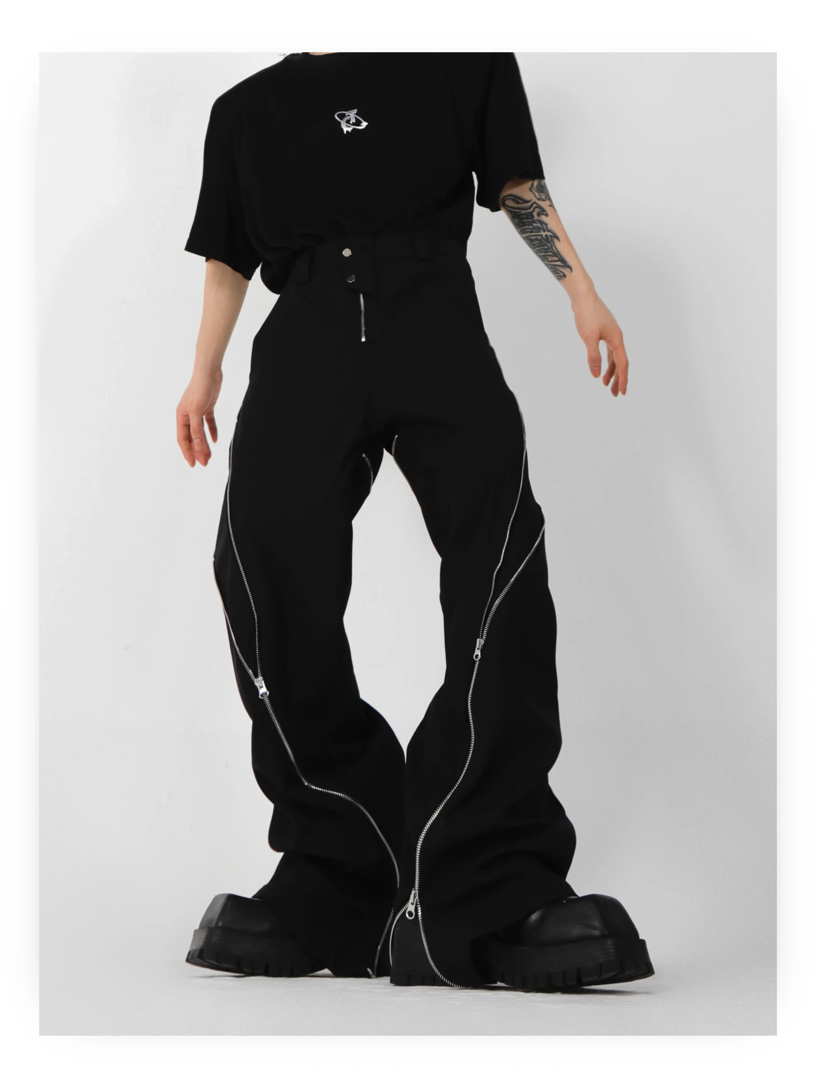 American Trendy Brand Men Black Zipper Design Slit Slightly Flared Pants Vertical Feeling Straight Casual Pants Retro Trousers gotmes-shop
