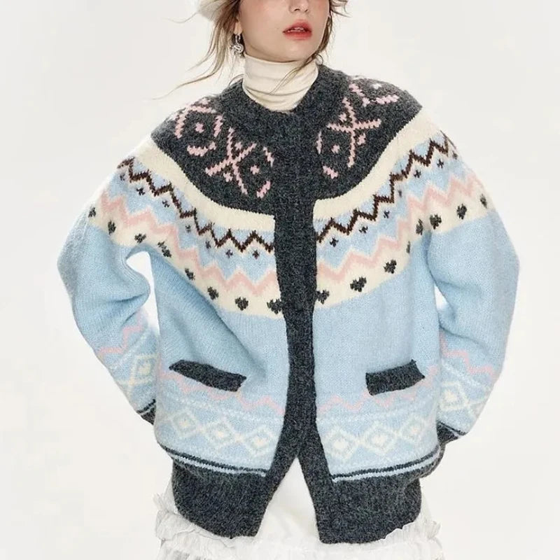 American Retro Print Cardigan Women Loose Lazy Wind Harajuku Knitted Sweater Casual Fall Winter Vintage O Neck Female Y2K Tops voguable