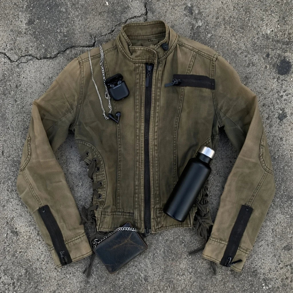Voguable  Y2K Vintage Brown Biker Jacket Women Lace Up Side Slim Fit Stand Collar Short Moto Coat Grunge Streetwear voguable