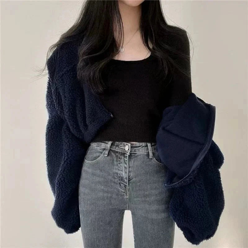 Artificial Lamb Wool Crop Jacket Women Autumn Winter Thick Warm Plush Coat Female Fashion Zipper Stand Collar Casual Outerwear voguable