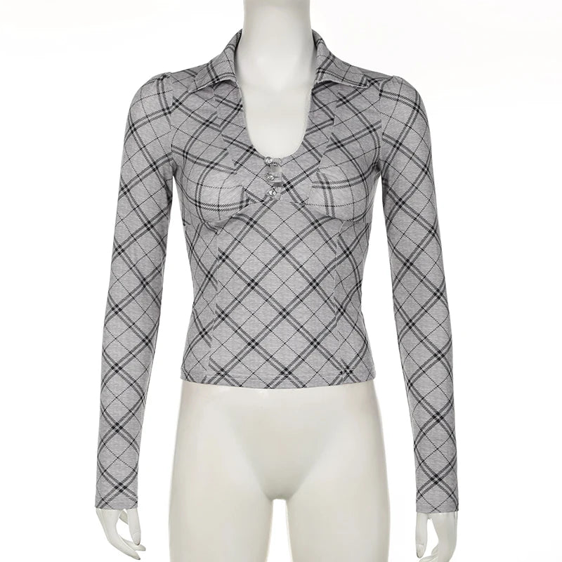 Voguable High Street Plaid T-shirt Grey Vintage Slim Long Sleeve Turn-down V-neck Tops Autumn Chic Elegant Pullovers Ladies Tops voguable