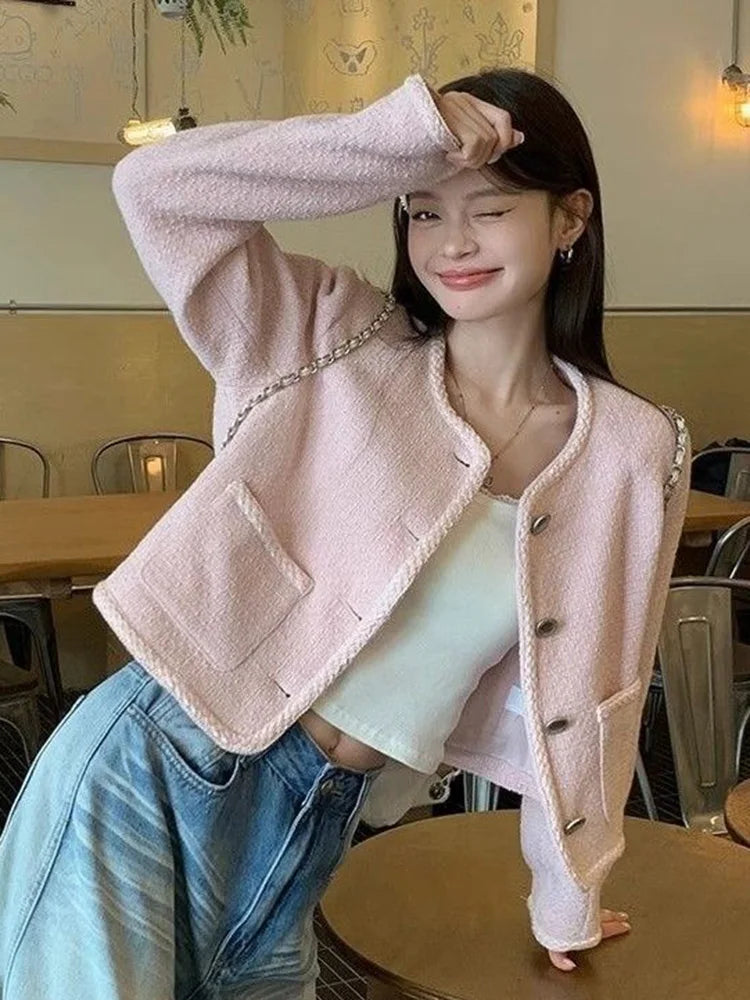 Pink Sweet Tweed Jackets Women Vintage O Neck Cute Elegant Long Sleeve Short Coats Retro Casual Single Breasted Pockets Outwear voguable