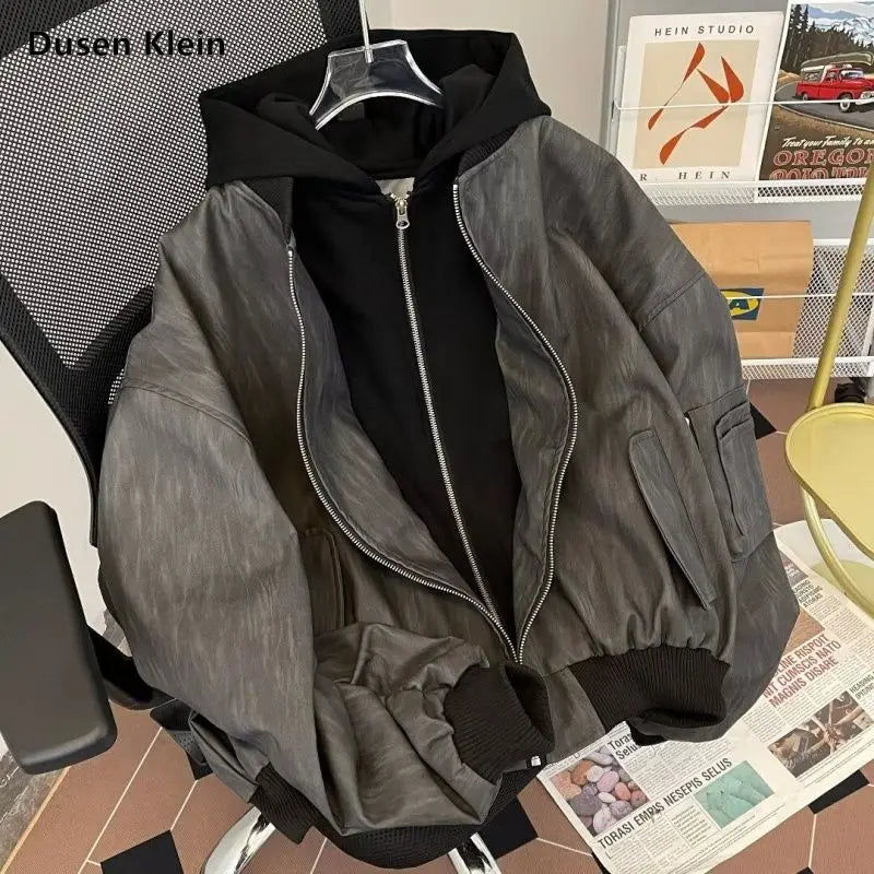 American Double Zipper Jacket Men's Hip Hop Simple Varsity Jacket Loose Fake Two Piece Hooded Outdated PU Leather Coat voguable