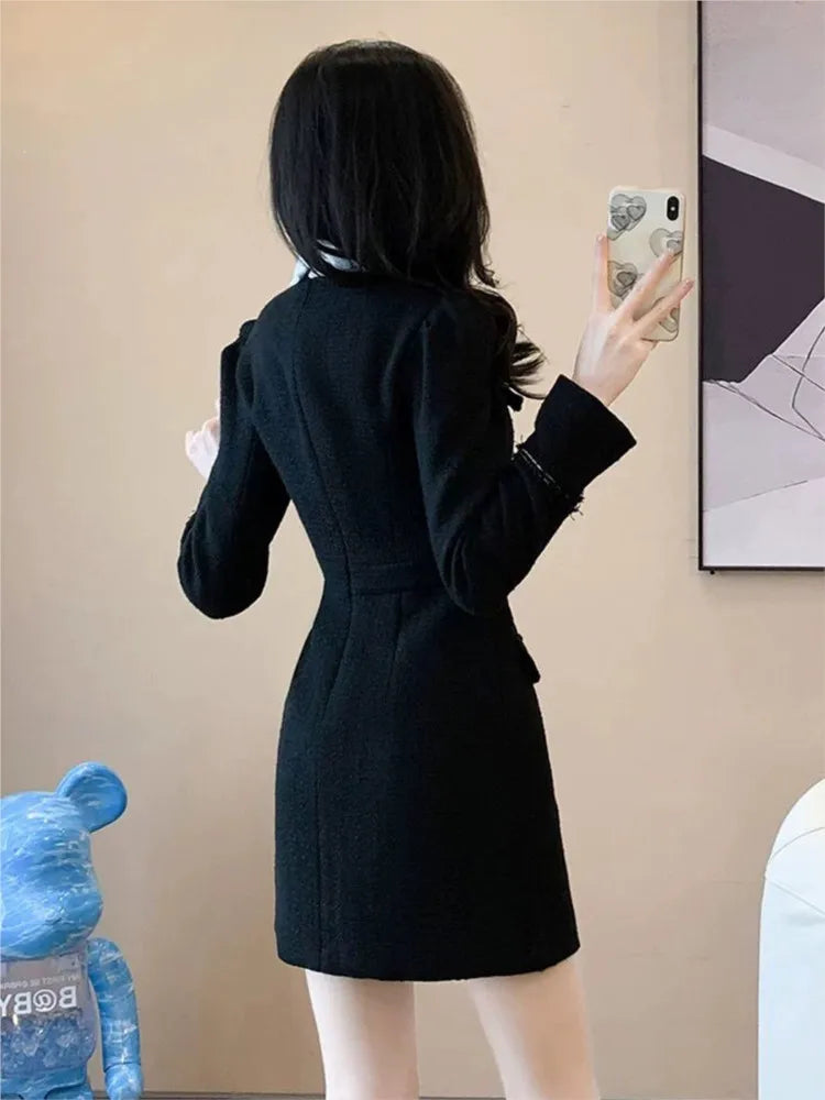 Lady Elegant Tweed Short Dress For Women Turn Down Collar Metal Buttons Autumn Dress Slim High Waist Black Fashion Dress voguable