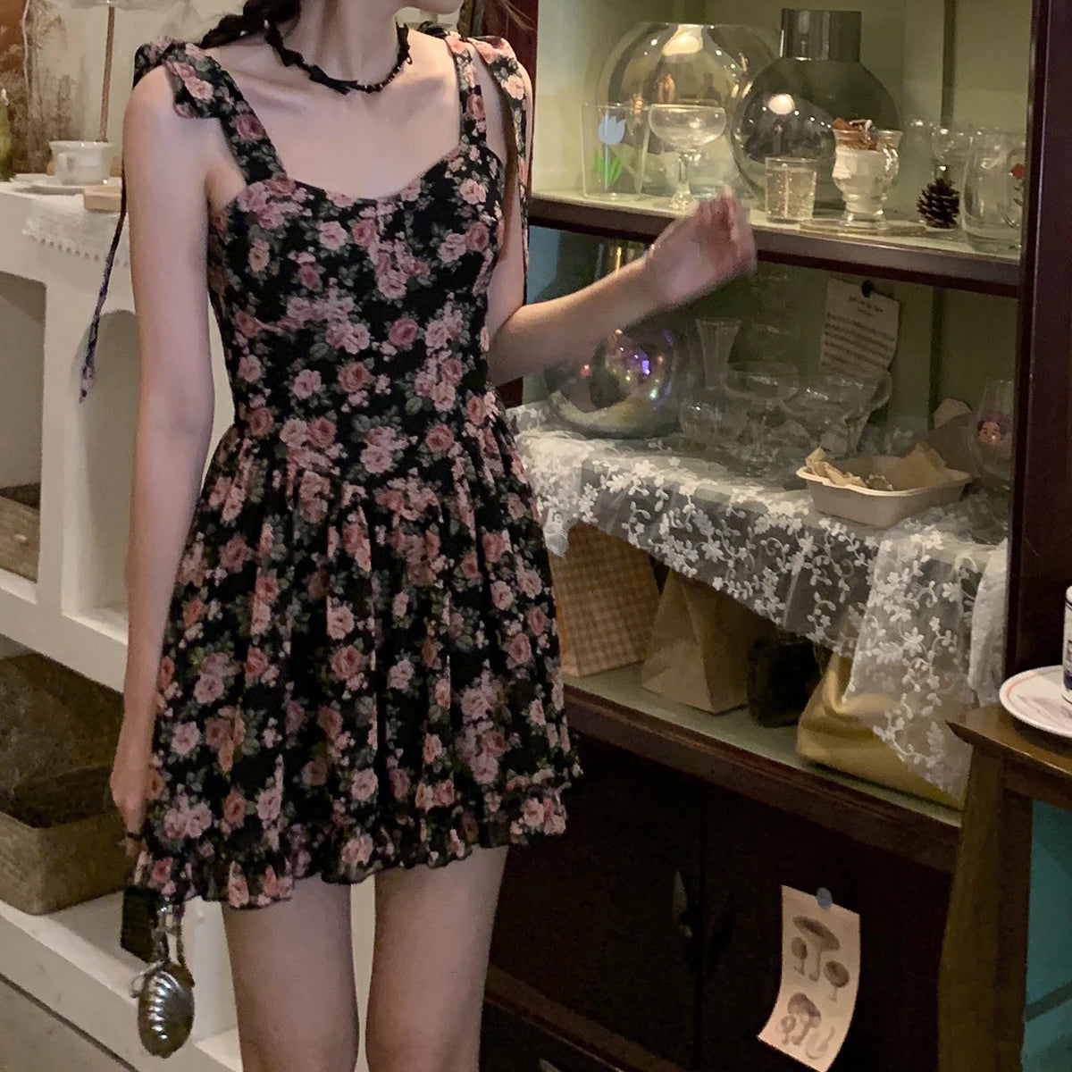 Voguable  New Summer Elegant Lace-up Bow Women Strap Dress Cute Floral Printing Off Shoulder Sleeveless V-neck Hot Chick Mini Dress voguable