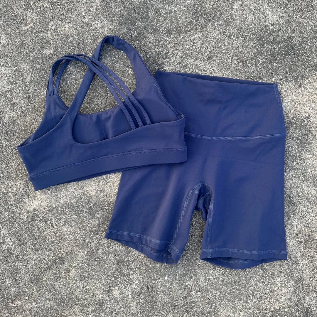 Voguable  Solid Color High Waist Gym Yoga Short Legging Set Tight Women Cross Back High Impact Shoulder Strap Fitness Bra Top Sportwear voguable