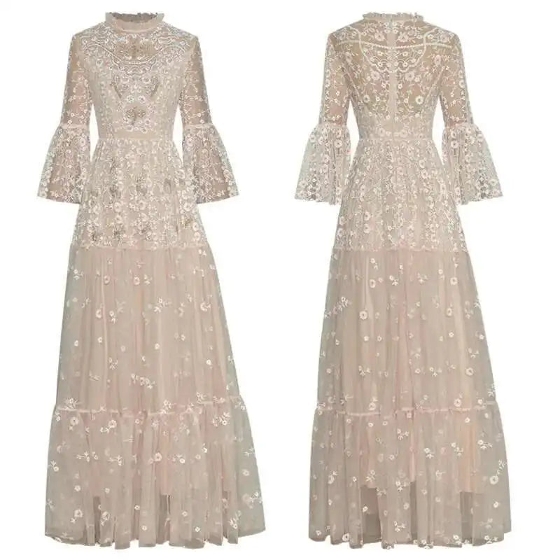 Stand Collar Flared Sleeves Dress 2025 New Sequins Nail Bead Mesh Embroidery Long Dresses Female voguable