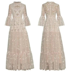 Stand Collar Flared Sleeves Dress 2025 New Sequins Nail Bead Mesh Embroidery Long Dresses Female voguable