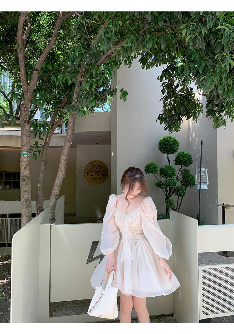 French Beige Pleated Ruffles Princess Short Dresses Women Sweet Fashion Temperament Vacation Ball Gown Party Mini Dress Backless voguable