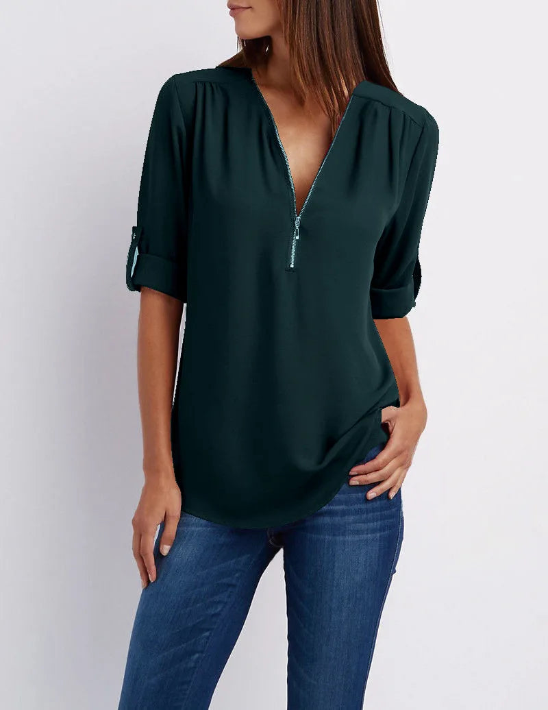 Summer Women Cool Loose Shirt Deep V Neck Chiffon Blouse Casual Ladies Tops Sexy Zipper Pullover Plus Size Long Sleeve Fashion voguable