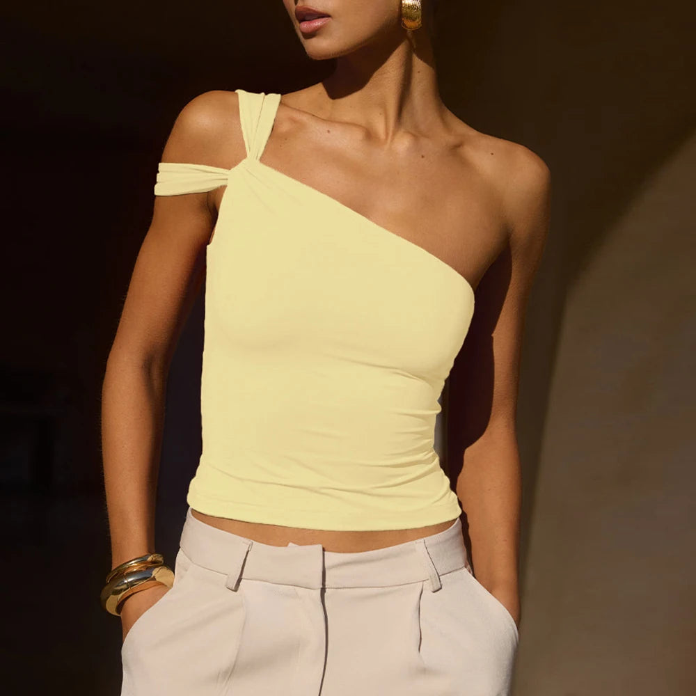 Blouses Spring Summer Fashion Skinny Fit Asymmetrical Plain Sleeveless One-Shoulder Casual Blouses For Women voguable
