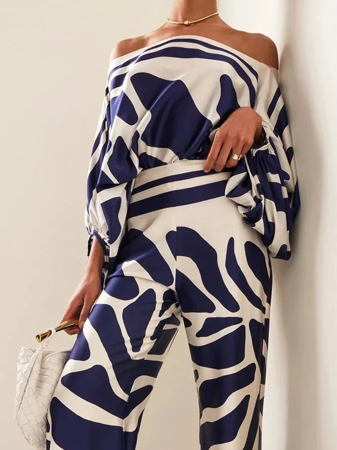 Women Print Satin Outfit Lantern Sleeve Off Shoulder Long Sleeve Blouse Office Lady 2 Piece Sets New Casual Wide Leg Pants Suits voguable