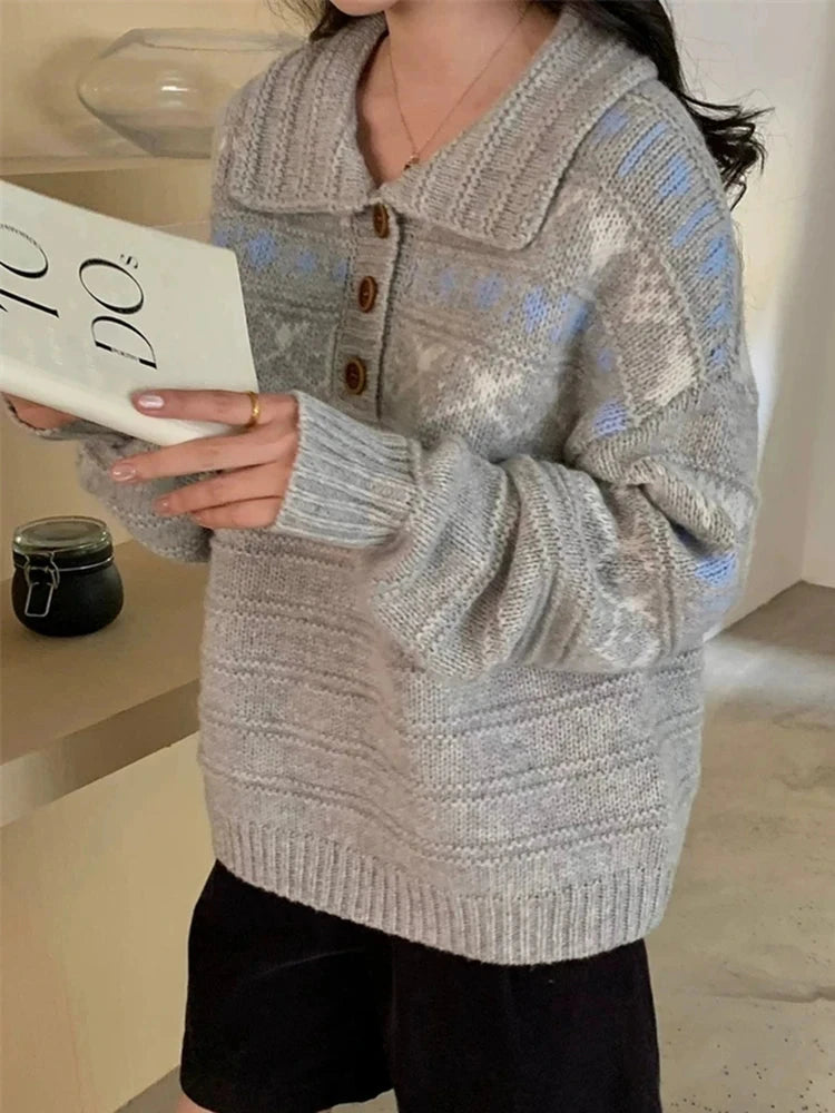 Retro Women Print Sweater Casual Korean Lazy Wind Sweet Knitted Jumpers Fall Winter Lady Long Sleeve Vintage Soft Pullover voguable