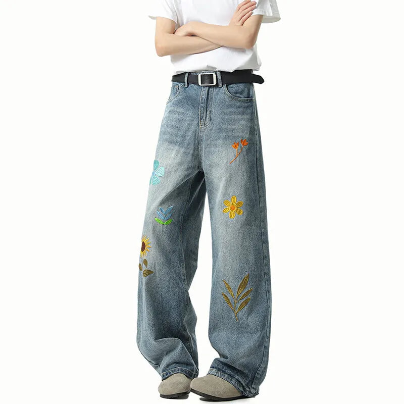 Jeans Men Washed Embroidered Jeans Loose Fit Straight Wide Leg Casual Denim Pants Fashion Trendy Streetwear Trousers Comfort voguable