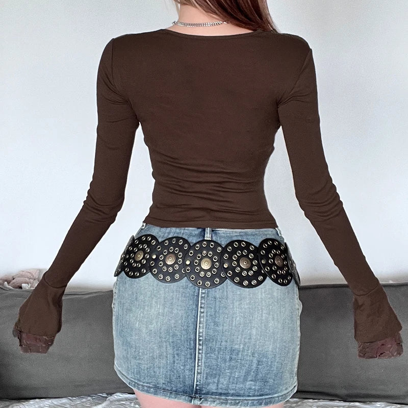 Voguable Korean Style Lace Patchwork Top Brown Fairy Grunge Slim-fit Flare Sleeve Square Collar T-shirts Fall Spring Korean Tees voguable