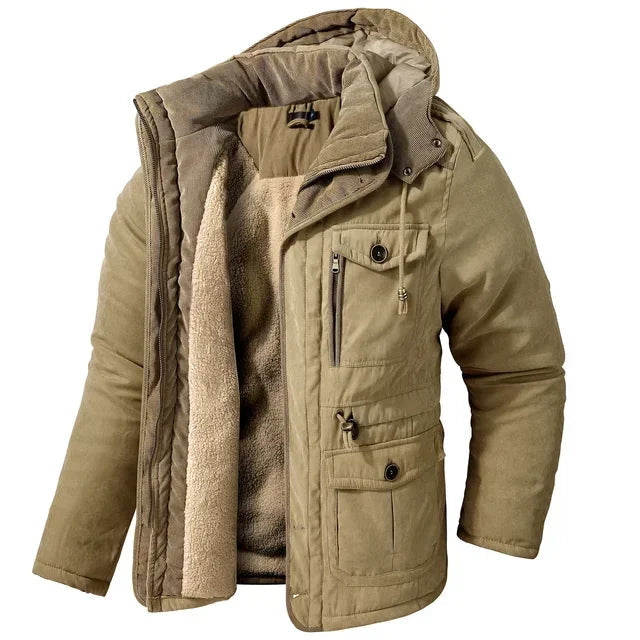 Lamb Warm Men's Parkas Jacket Hooded Winter Men's Clothing Fleece Hooded Cotton Thickened Multi Pocket Casual Mid Length Coat voguable