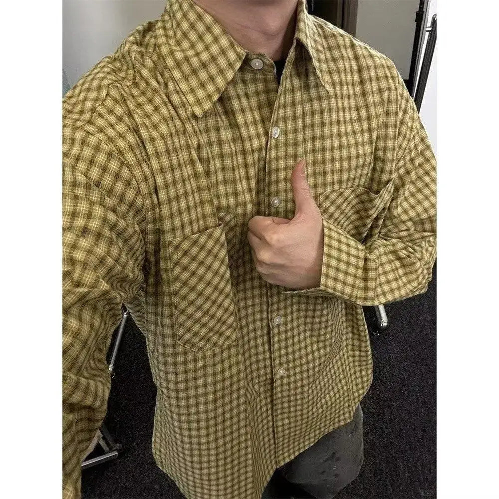 American Retro Yellow Plaid Shirt Men Women Spring and Autumn Korean Casual Loose Sun Protection Thin Couple Fashion Trend Shirt voguable