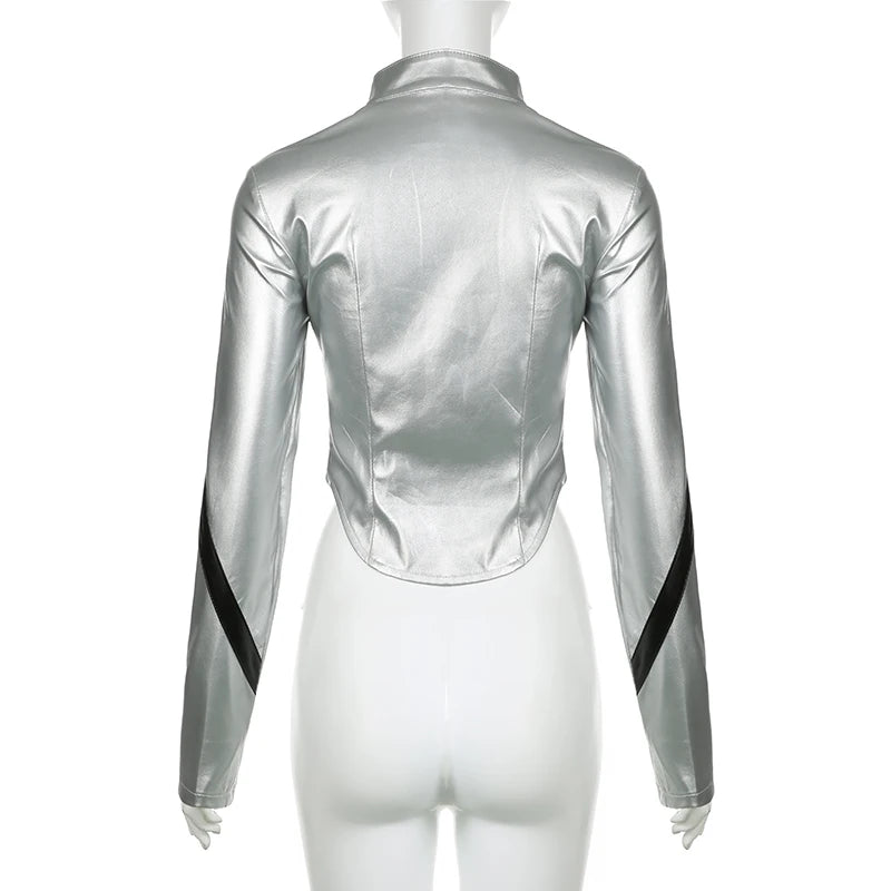 Voguable  Street Style Contrast Patchwork Zip-up Pu Leather Jackets Silver Color Turtleneck Cardigan Women Chic Elegant Coat Fall voguable